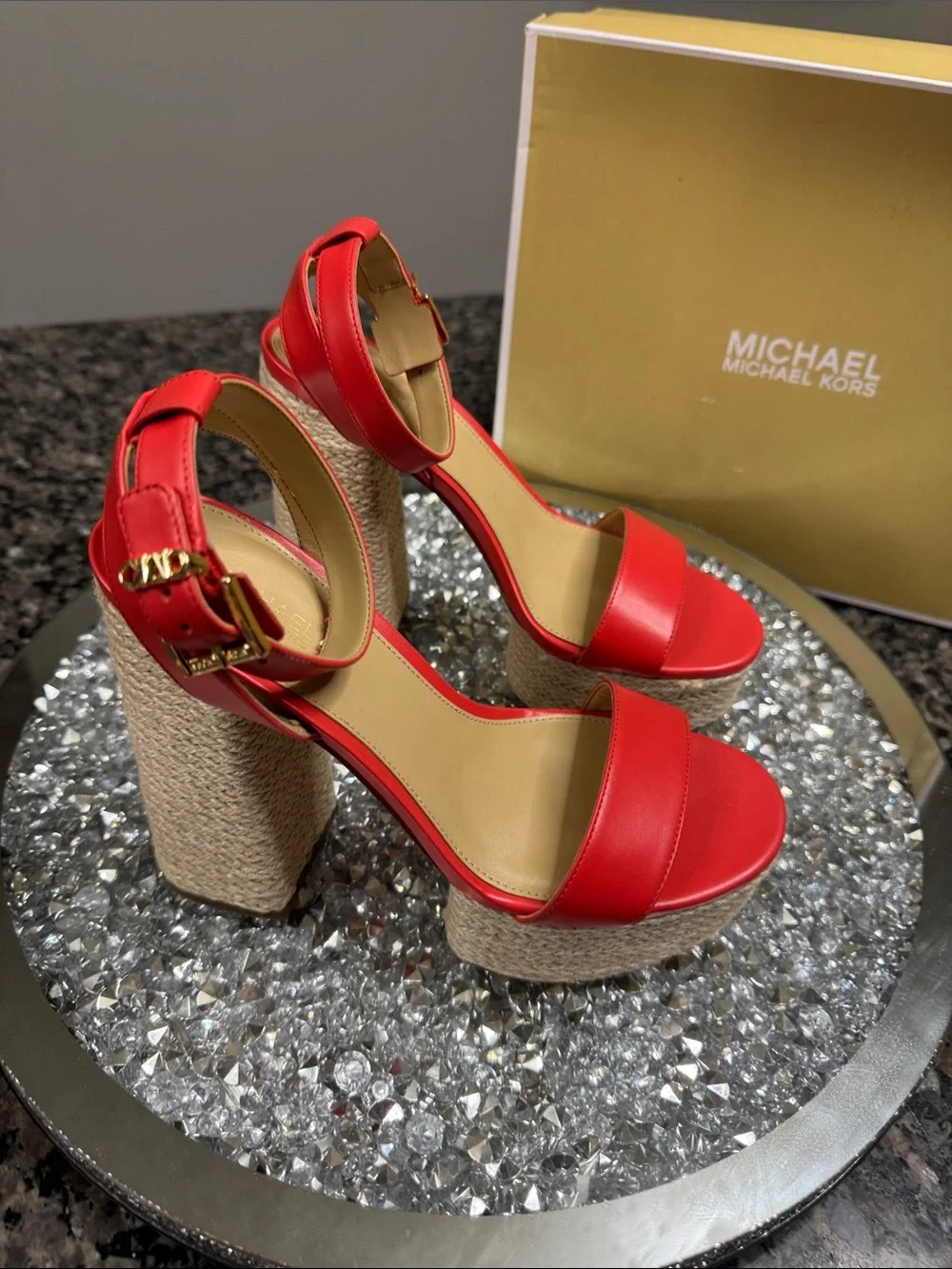 Michael Kors leather coral Red Platform Espadrille Heels with Gold Buckle logo